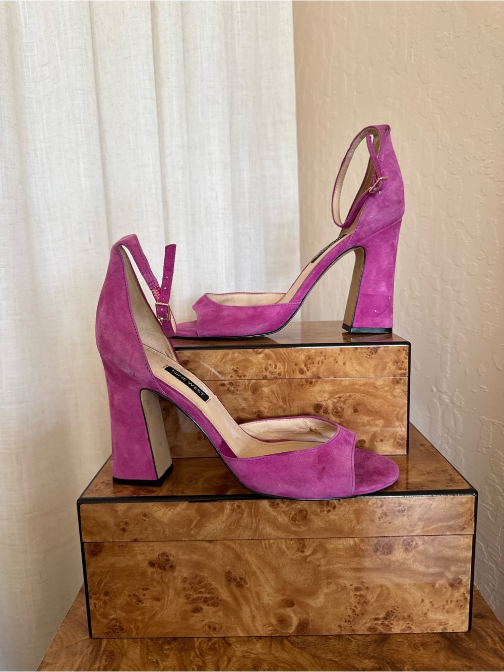 Nine West Suede Open-Toe Block Heels in Bright Magenta
